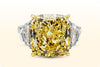 GIA Certified 10.02 Carat Cushion Cut Fancy Yellow  Diamond Three Stone Engagement Ring in White Gold