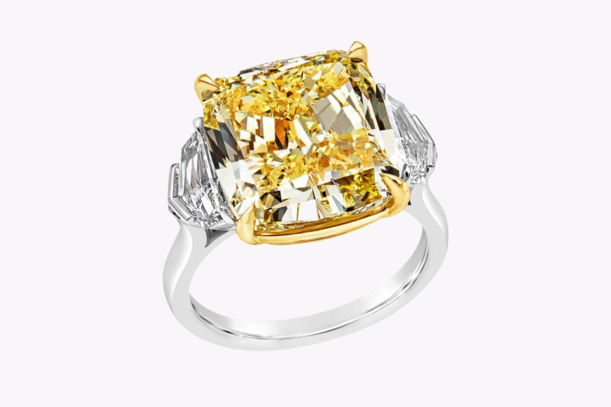 GIA Certified 10.02 Carats Cushion Cut Yellow Diamond Three-Stone Engagement Ring in Yellow Gold & Platinum