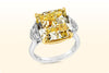 GIA Certified 10.02 Carat Cushion Cut Fancy Yellow  Diamond Three Stone Engagement Ring in White Gold