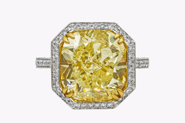 GIA Certified 7.64 Carats Cushion Cut Yellow Diamond Halo Engagement Ring in Platinum