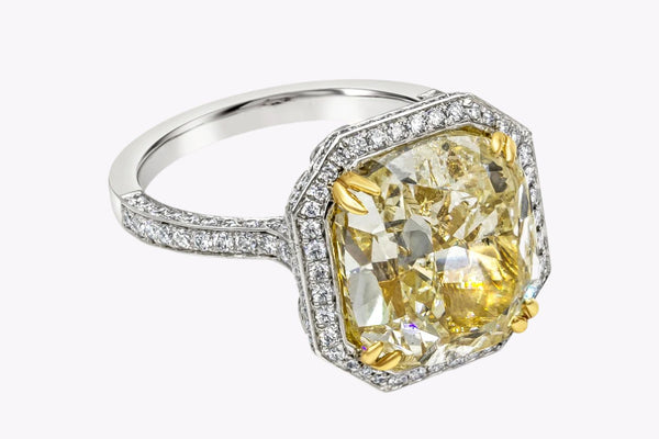 GIA Certified 7.64 Carats Cushion Cut Yellow Diamond Halo Engagement Ring in Platinum