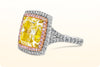 GIA Certified 10.27 Carat Cushion Cut Fancy Yellow Diamond Double Halo Engagement Ring in Three-Tone