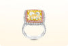 GIA Certified 10.27 Carat Cushion Cut Fancy Yellow Diamond Double Halo Engagement Ring in Three-Tone