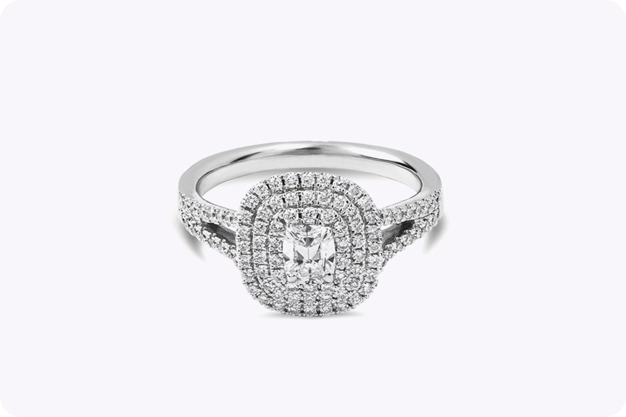 0.35 Carat Cushion Cut Diamond Triple Halo Engagement Ring in White Gold