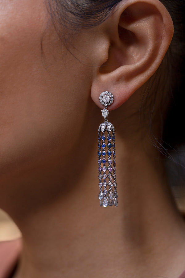 3.57 Carats Diamond and Blue Sapphire Chandelier Tassel Earrings in White Gold