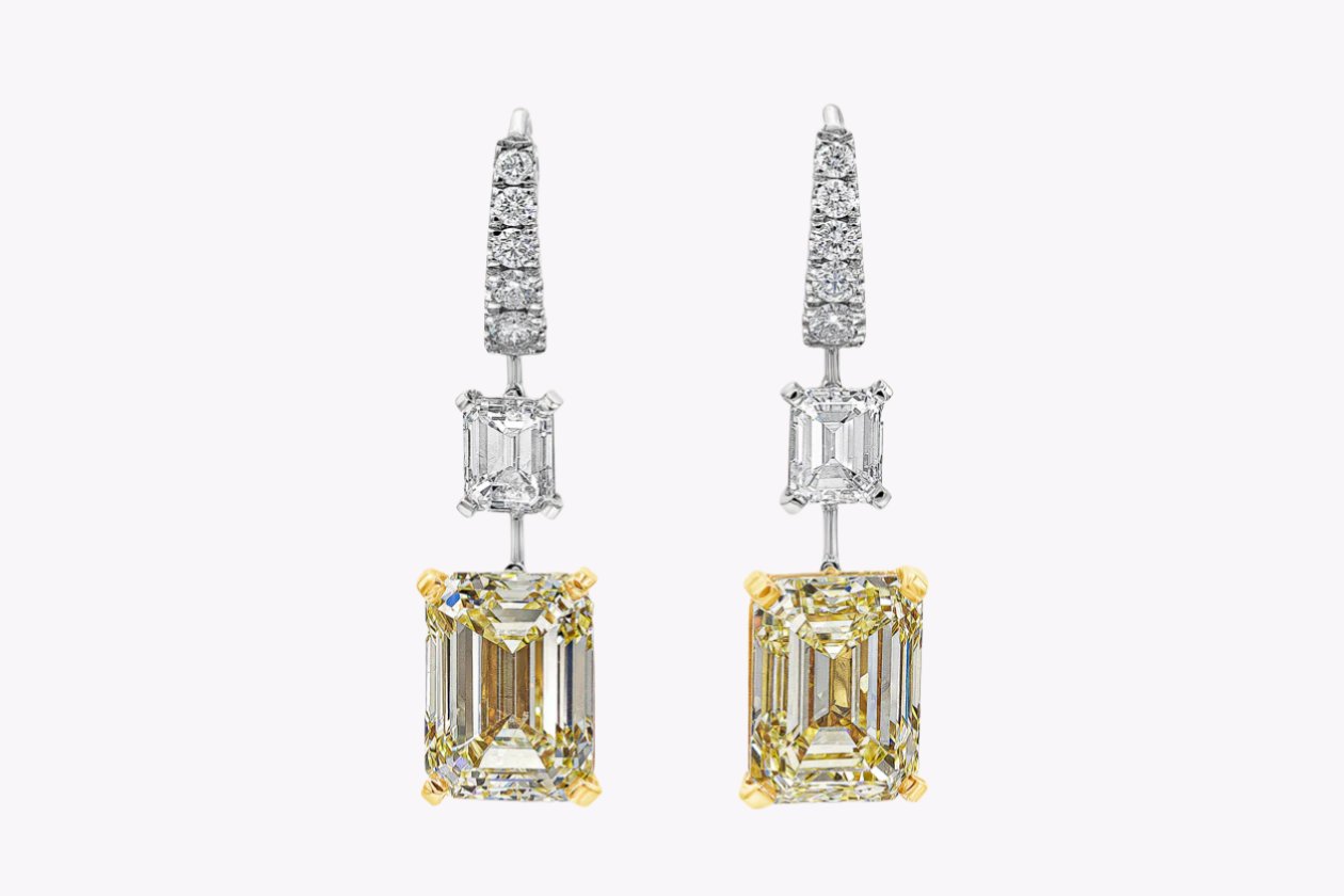 GIA Certified 12.08 Carats Total Emerald Cut Yellow & White Diamond Dangle Earrings in Yellow Gold & Platinum