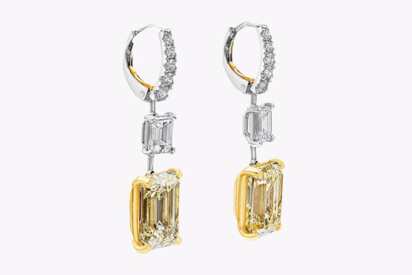 GIA Certified 12.08 Carats Total Emerald Cut Yellow & White Diamond Dangle Earrings in Yellow Gold & Platinum