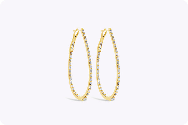 0.98 Carat Total Baguette Cut Diamond Tear Drop Hoop Earrings in Yellow Gold