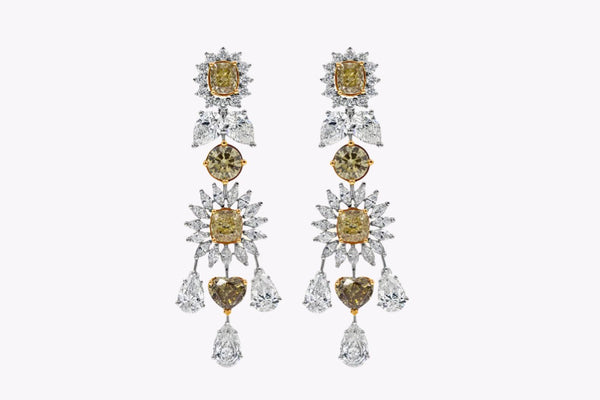 26.34 Carats Total Mixed-Cut Natural Brown Diamond Chandelier Earrings in Tri-Color Gold