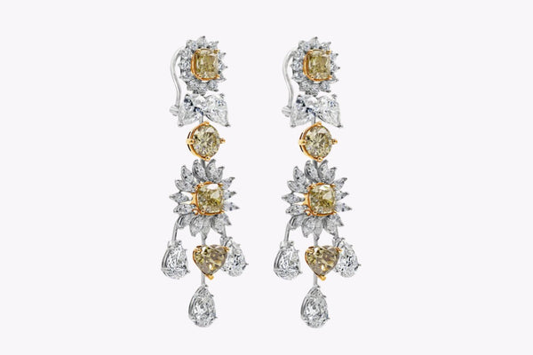 26.34 Carats Total Mixed-Cut Natural Brown Diamond Chandelier Earrings in Tri-Color Gold