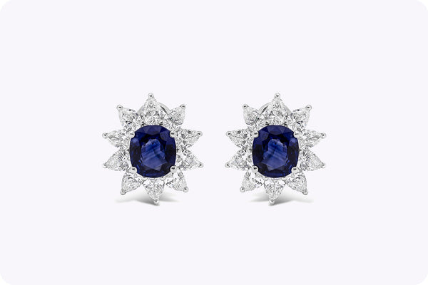 4.43 Carats Cushion Cut Blue Sapphire Halo Omega Clip Studs Earrings in White Gold