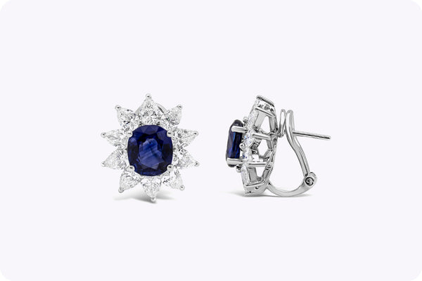 4.43 Carats Cushion Cut Blue Sapphire Halo Omega Clip Studs Earrings in White Gold