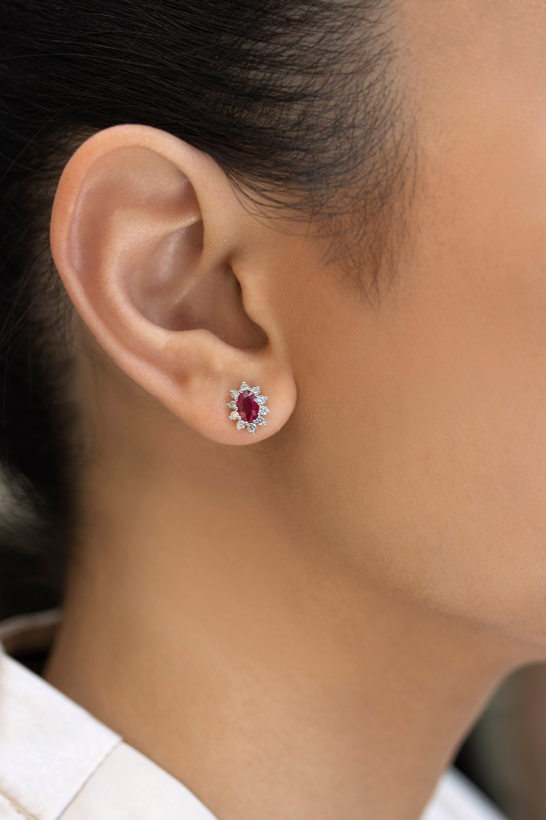 1.11 Carat Total Red Ruby and Diamond Halo Earrings in White Gold