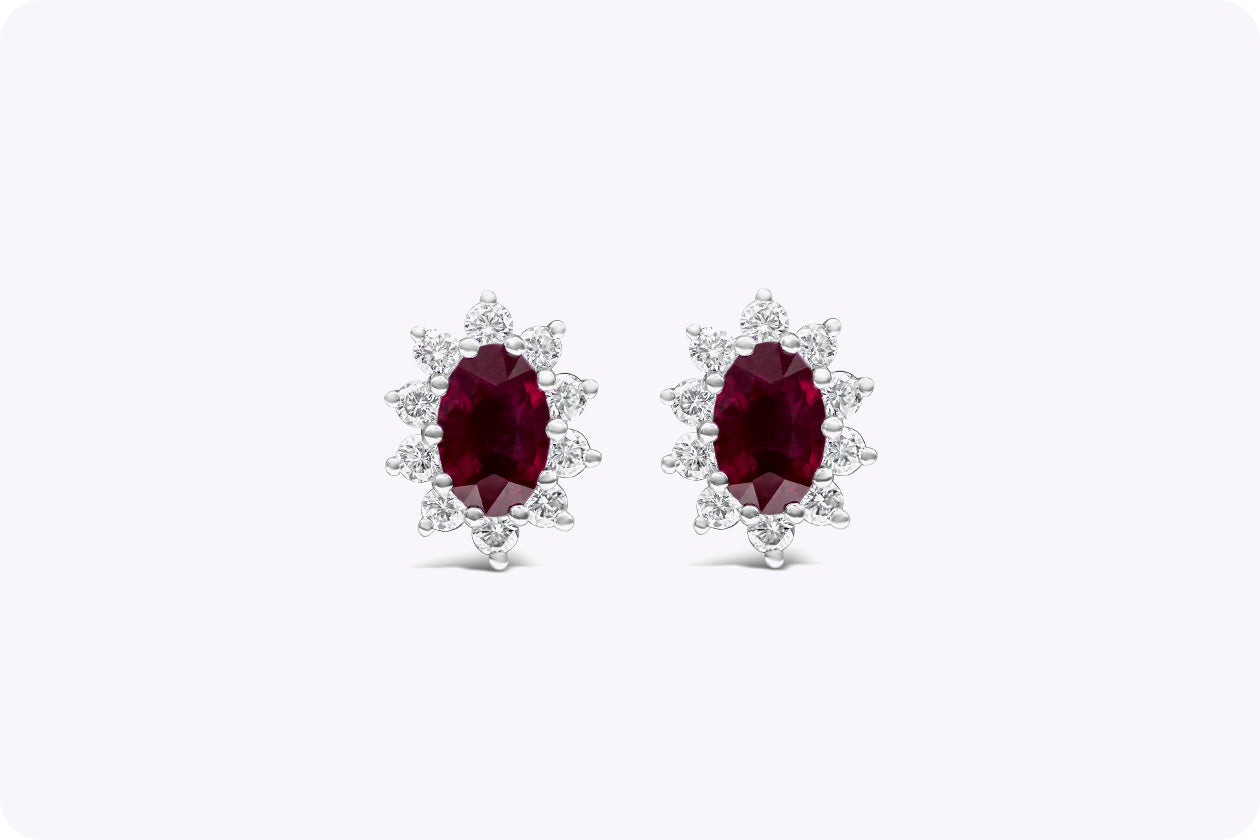 1.11 Carat Total Red Ruby and Diamond Halo Earrings in White Gold