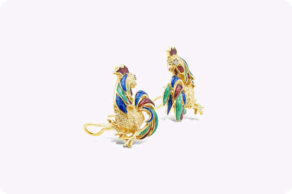 Diamond and  Rooster Enamel Yellow Gold Earrings