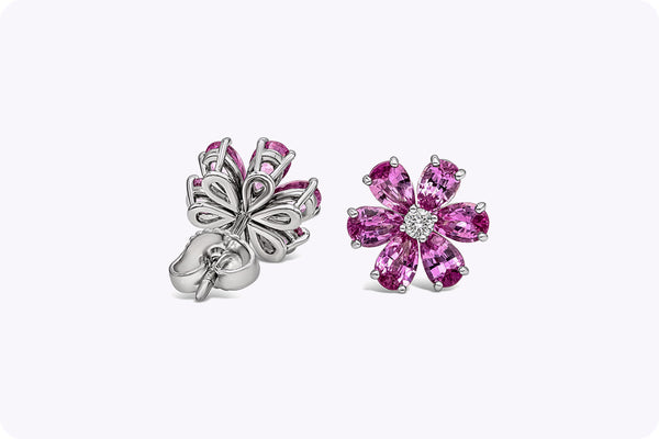 3.03 Carats Total Pear Shape Pink Sapphire and Diamond Flower Stud Earrings in Platinum