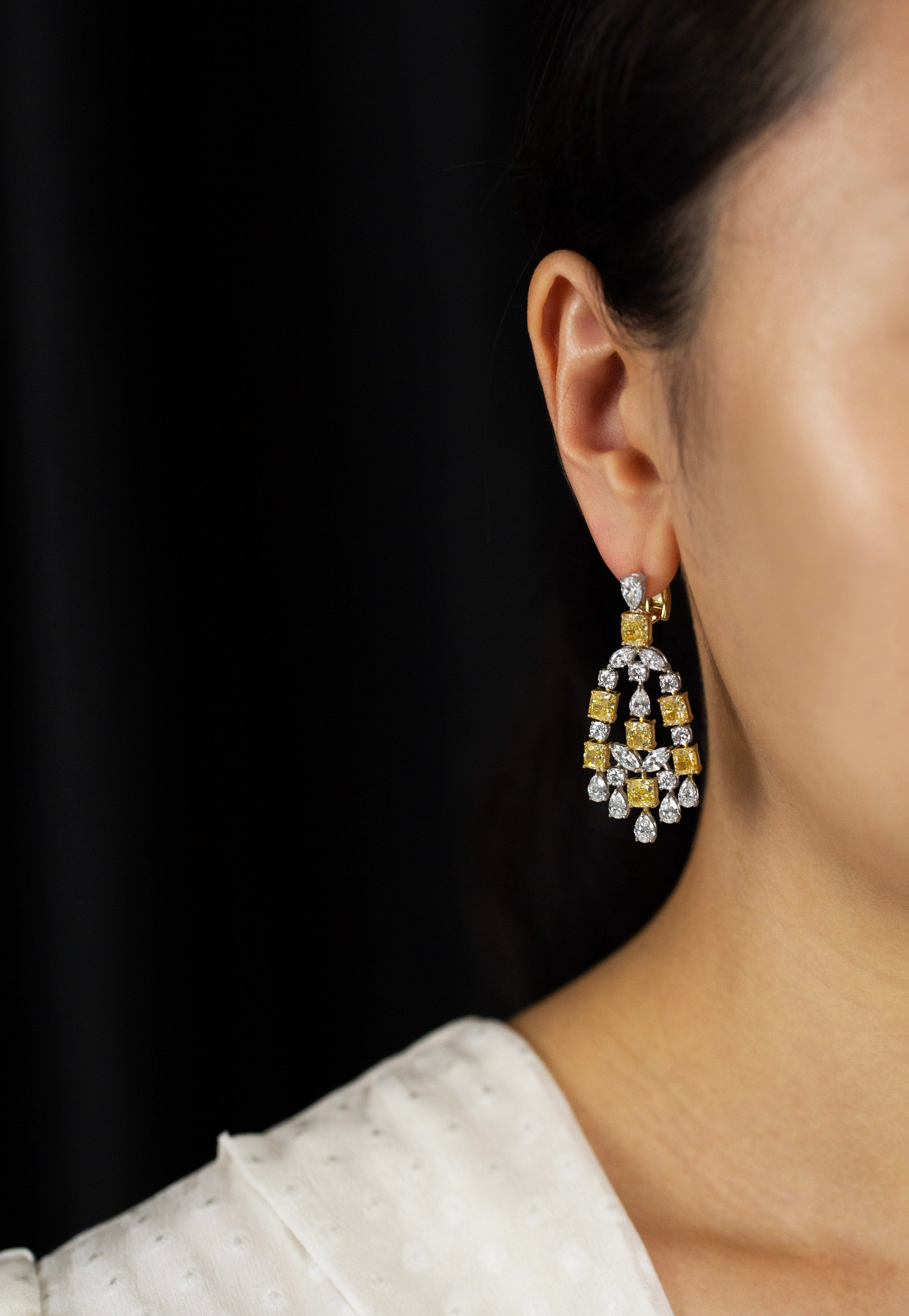 16.56 Carats Total Mixed-Cut Fancy Yellow & White Diamond Chandelier Drop Earrings in Platinum & Yellow Gold