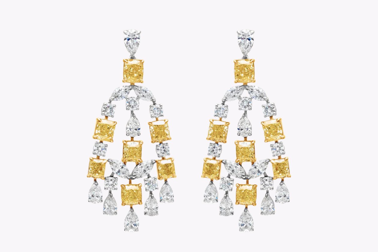 16.56 Carats Total Mixed-Cut Fancy Yellow & White Diamond Chandelier Drop Earrings in Platinum & Yellow Gold