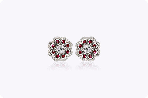 4.13 Carats Total Ruby and Diamonds Floral Motif Earrings in White Gold