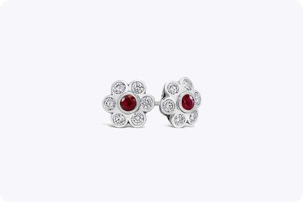 2.07 Carats Total Ruby and Diamond Flower Earrings in White Gold