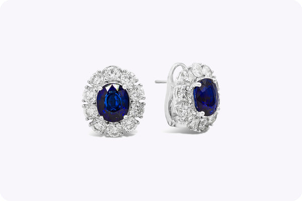 GIA Certified 6.05 Carats Oval Cut Blue Sapphire and Diamond Halo Clip-on Earrings in White Gold