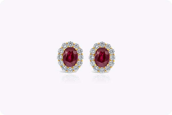 5.69 Carats Total Oval Cut Ruby Halo Clip-On Earrings with Diamonds in Yellow Gold