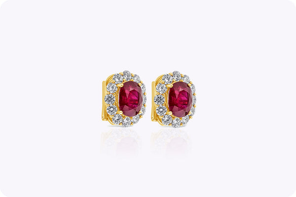 5.69 Carats Total Oval Cut Ruby Halo Clip-On Earrings with Diamonds in Yellow Gold