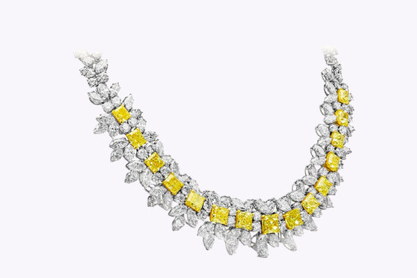 Roman Malakov 86.27 Carats Total Yellow & White Diamond Necklace in Yellow Gold & Platinum