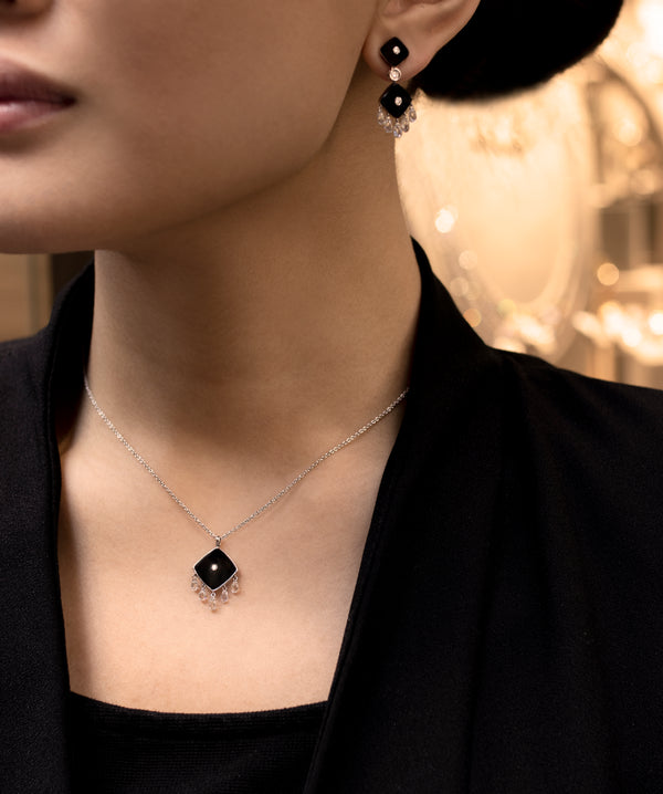 3.60 Carats Cushion Onyx & Briolette Diamond Pendant Drop Necklace in White Gold