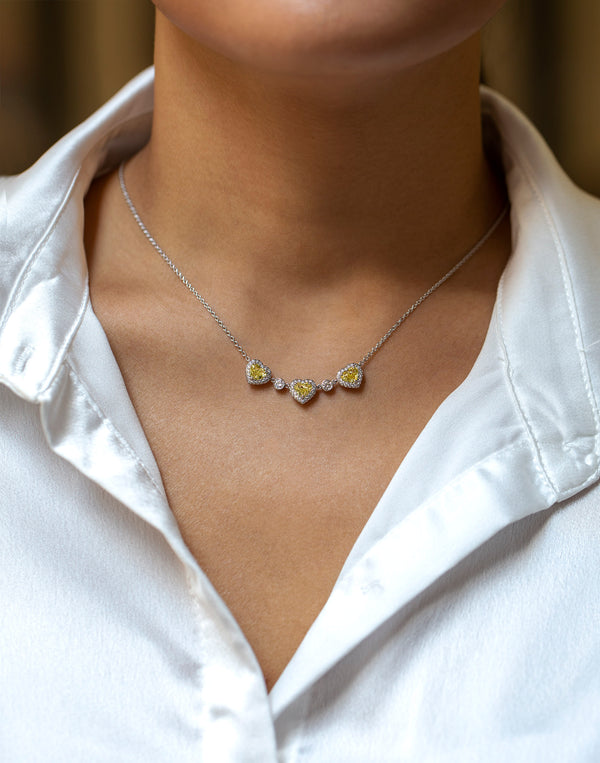 1.74 Carats Total Heart Shape Fancy Intense Yellow and Round Diamond Necklace in Platinum
