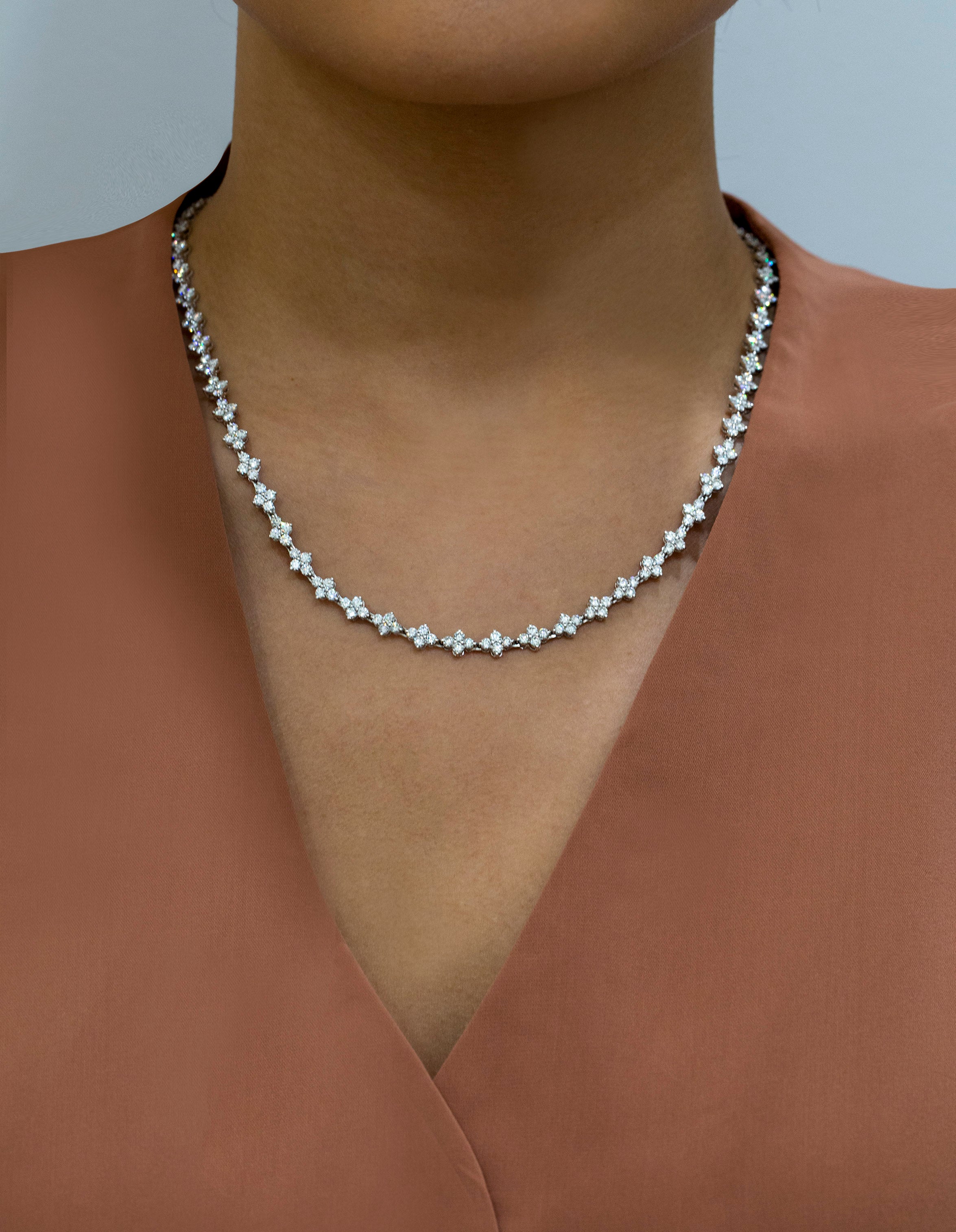 10.99 Carats Total Round Brilliant Cut Diamond Cluster Tennis Necklace in White Gold