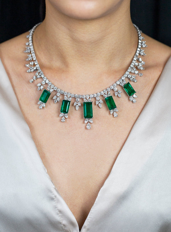 48.68 Carats Total Colombian Emerald Drop Necklace with Mixed Cut Diamonds in White Gold