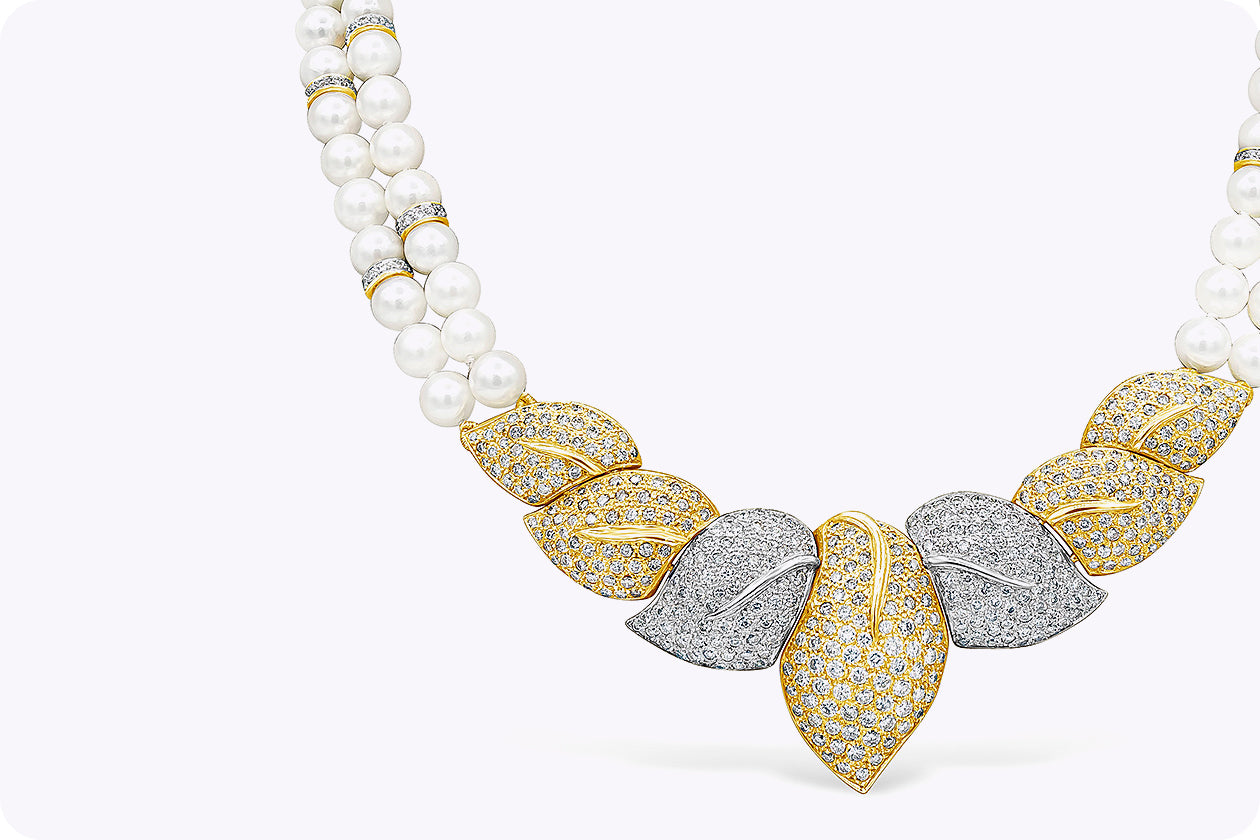 14.30 Carats Total Round Brilliant Cut Diamond & Double Strand Pearl Necklace in Two-Tone Gold