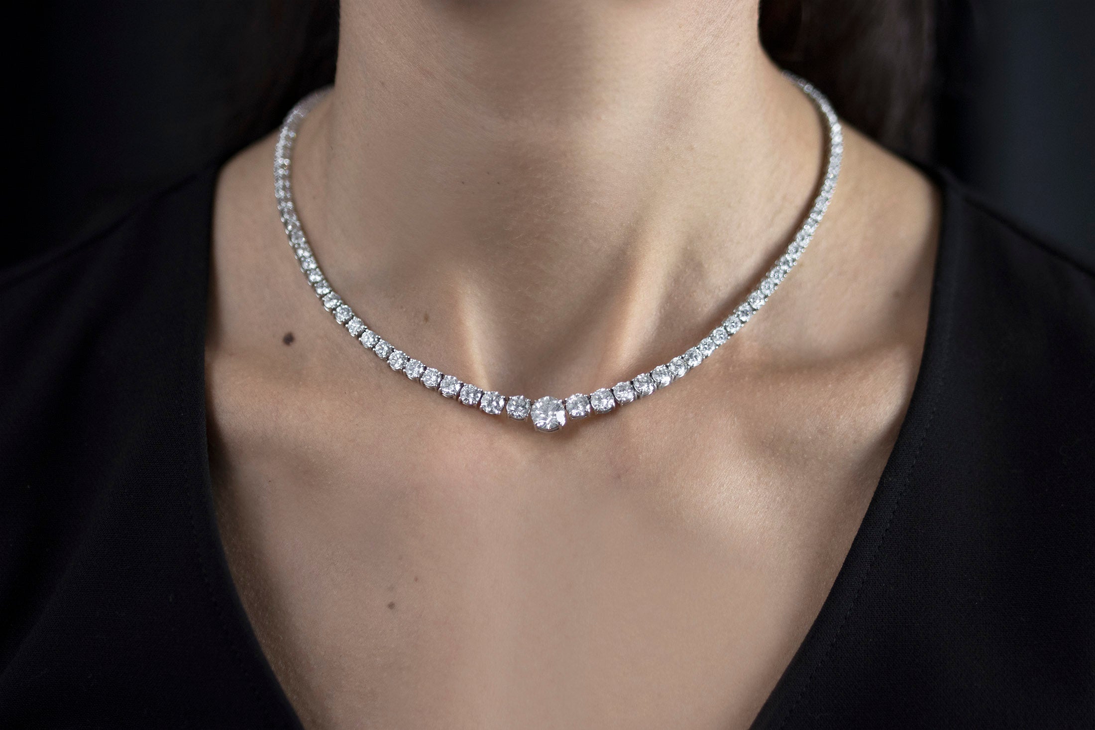 GIA Certified 19.61 Carats Total Round Brilliant Cut Diamond Riviera Tennis Necklace in White Gold