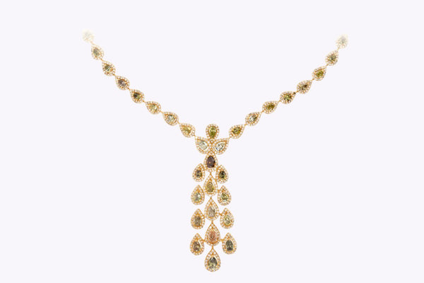 13.08 Carats Total Pear Shape Natural Fancy Color Diamond Halo Drop Necklace in Rose Gold