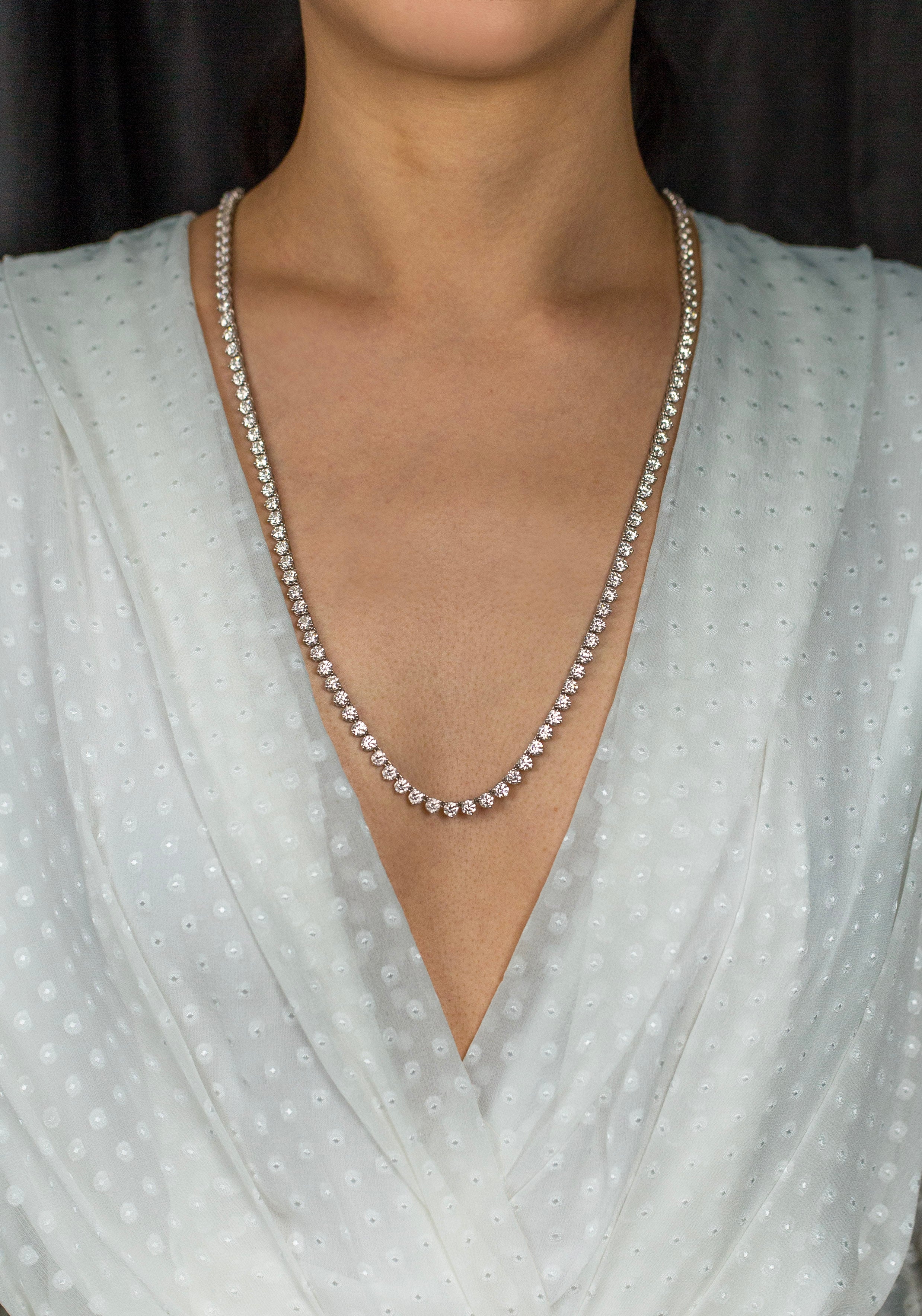 43.58 Carats Total Round Brilliant Cut Diamond Tennis Necklace in White Gold