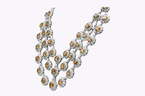 133.33 Carats Total Mixed-Cut Natural Brown & White Diamond Floral Necklace in White Gold