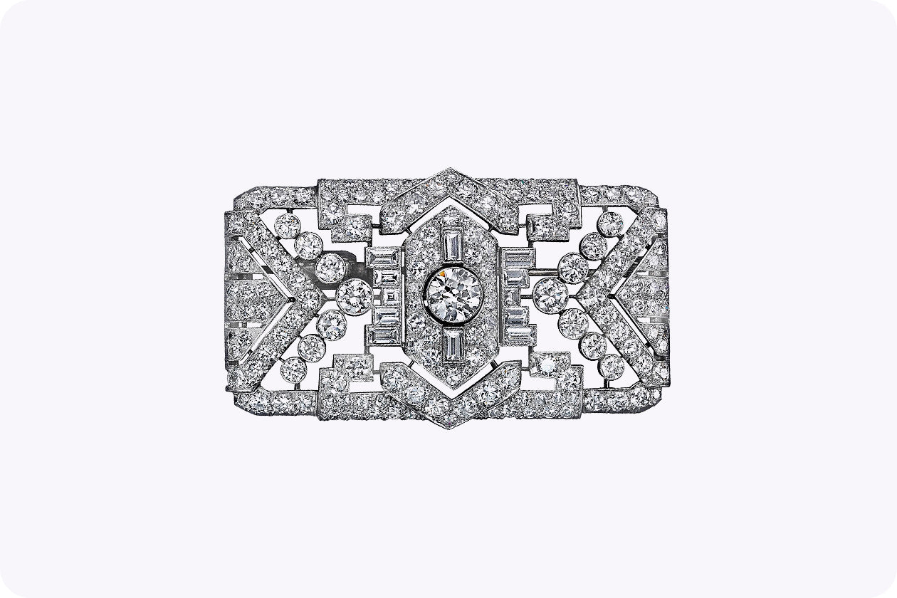 14.80 Carats Total Art Deco Diamond Platinum Panel Brooch