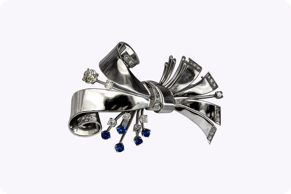 1.00 Carats Total Old European-Cut Diamond and Sapphire Ribbon Brooch in White Gold