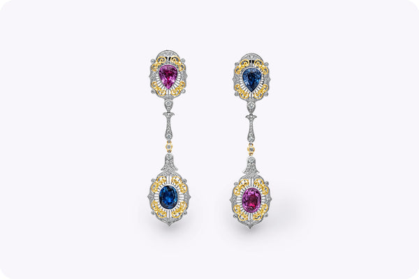 Blue and Pink Sapphire, Diamond Dangle Drop Earrings