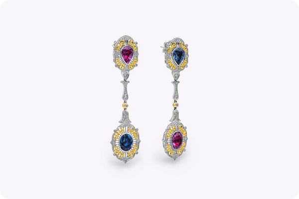 Blue and Pink Sapphire, Diamond Dangle Drop Earrings