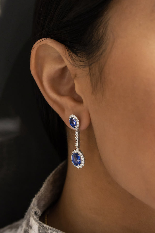 5.60 Carats Total Blue Sapphire Halo Dangle Earrings with Diamonds