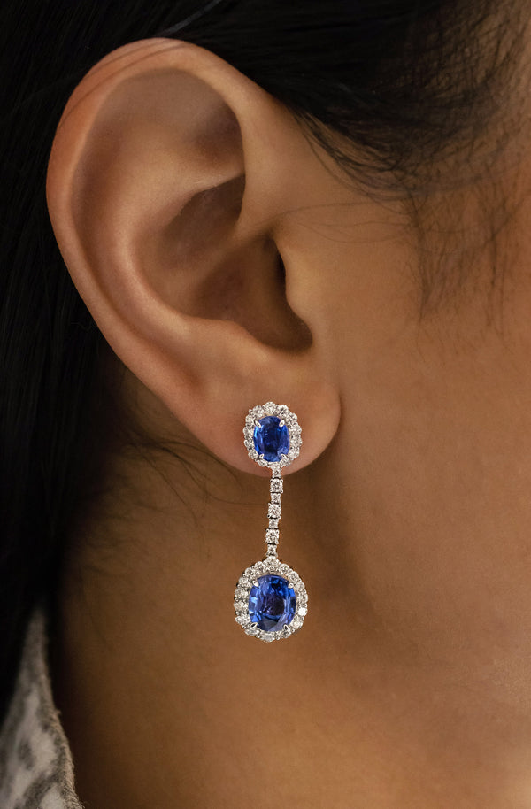 5.60 Carats Total Blue Sapphire Halo Dangle Earrings with Diamonds
