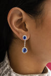 5.60 Carats Total Blue Sapphire Halo Dangle Earrings with Diamonds