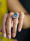 11.48 Carat Emerald Cut Aquamarine & Diamond Halo Cocktail Ring in Platinum