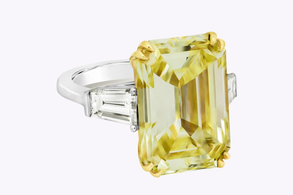 GIA Certified 14.54 Carats Emerald Cut Yellow Diamond Three-Stone Engagement Ring in Platinum