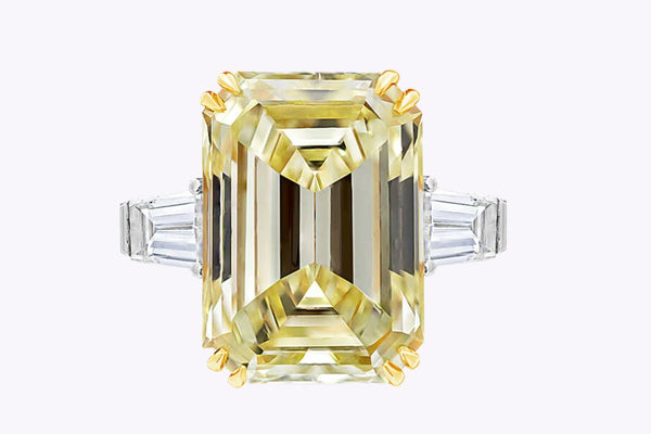 GIA Certified 14.54 Carats Emerald Cut Yellow Diamond Three-Stone Engagement Ring in Platinum