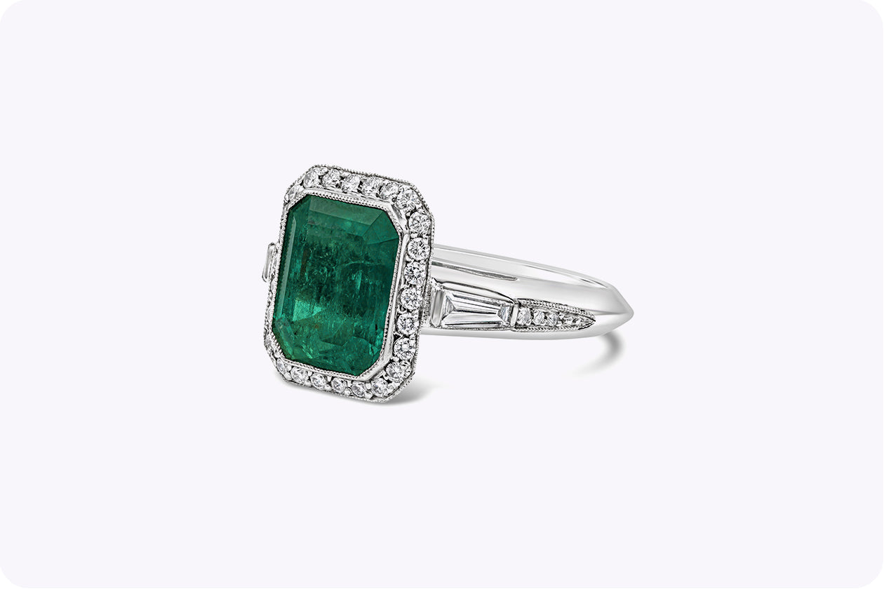 4.58 Carats Emerald Cut Emerald & Diamond Halo Engagement Ring in White Gold