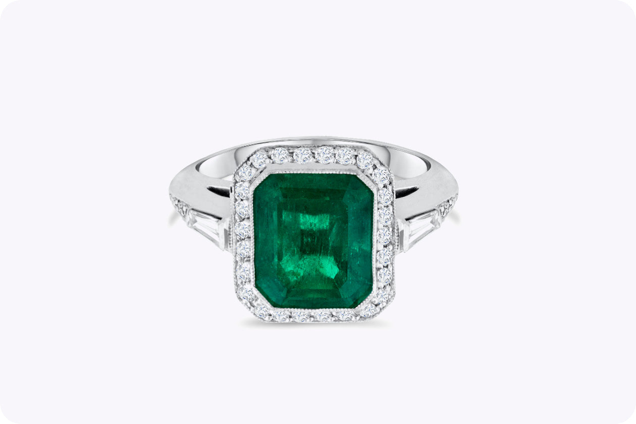 4.58 Carats Emerald Cut Emerald & Diamond Halo Engagement Ring in White Gold