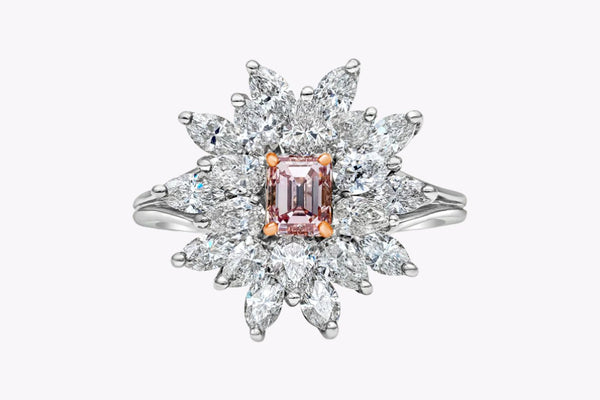 GIA Certified 0.59 Carat Emerald Cut Pink Diamond Cluster Engagement Ring in Platinum